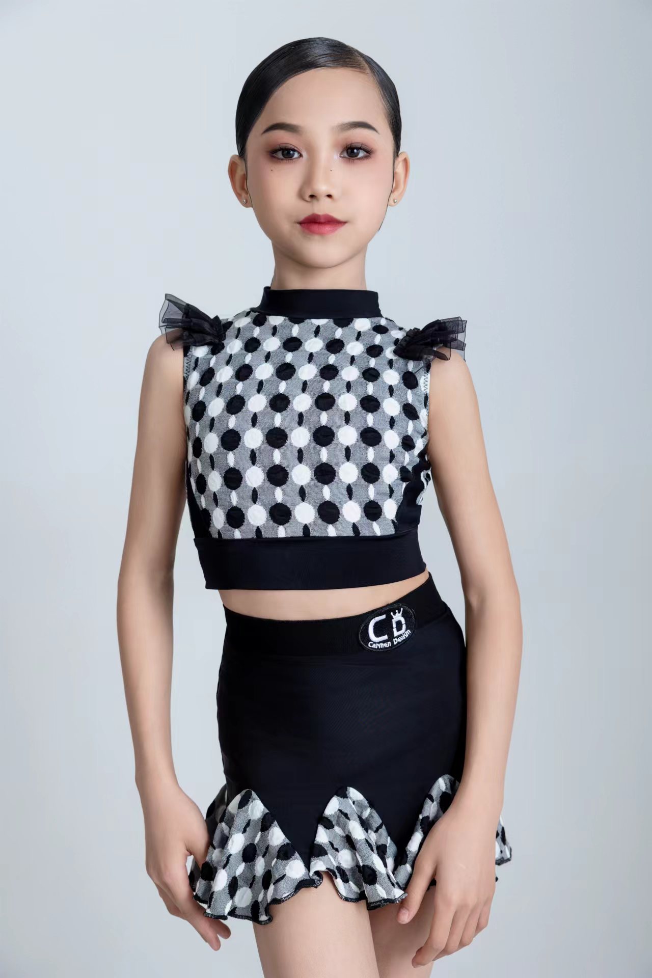 CD卡门拉丁舞服套装分体黑色波点时尚欧根纱花边练功服女经典设计