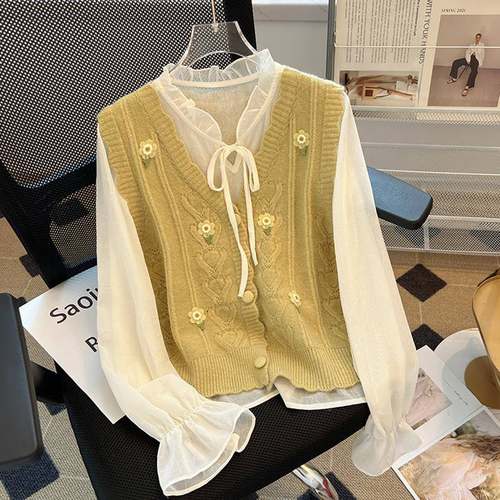 小清新立体花朵长袖针织马甲