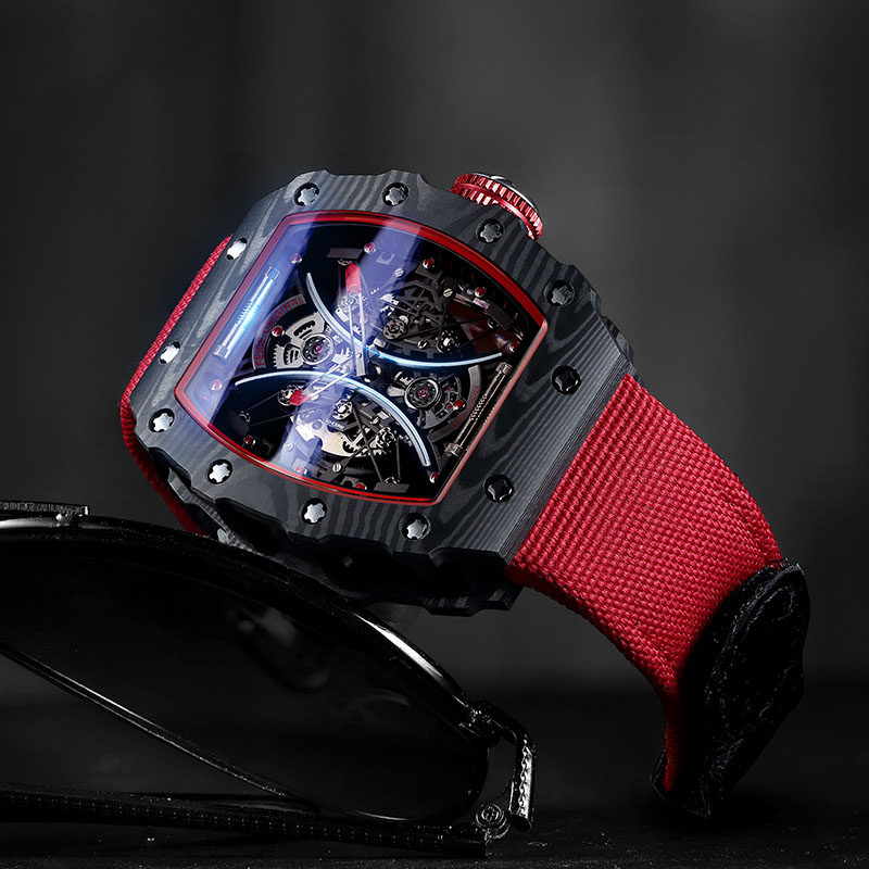 飞克高端正品牌碳纤维酒桶型镂空全自动机械手表男士潮流腕表防水