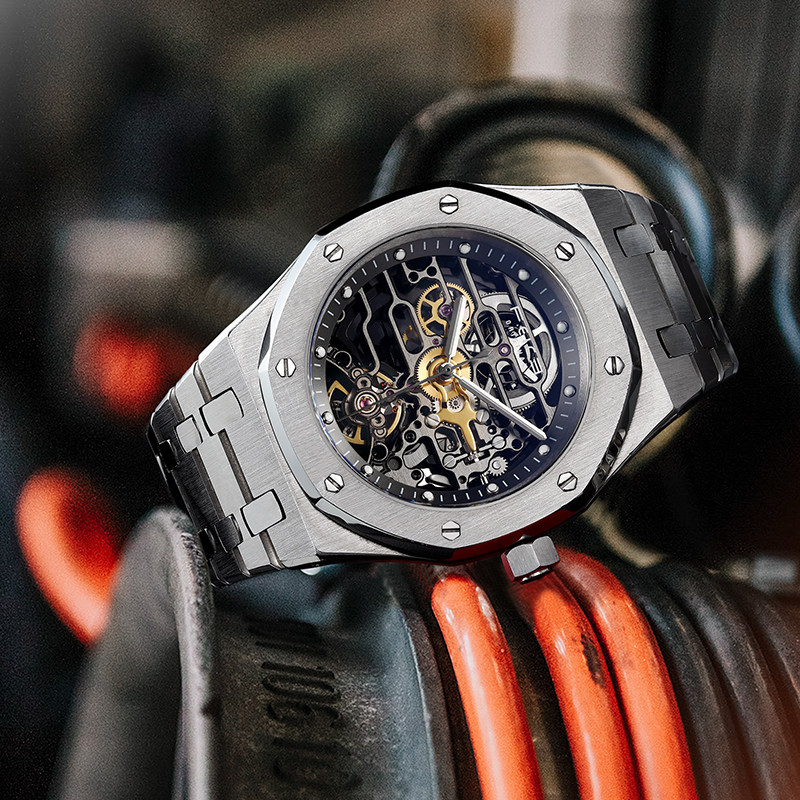 飞克正品新款双面镂空夜光潮流男士手表男款全自动机械表钢带防水