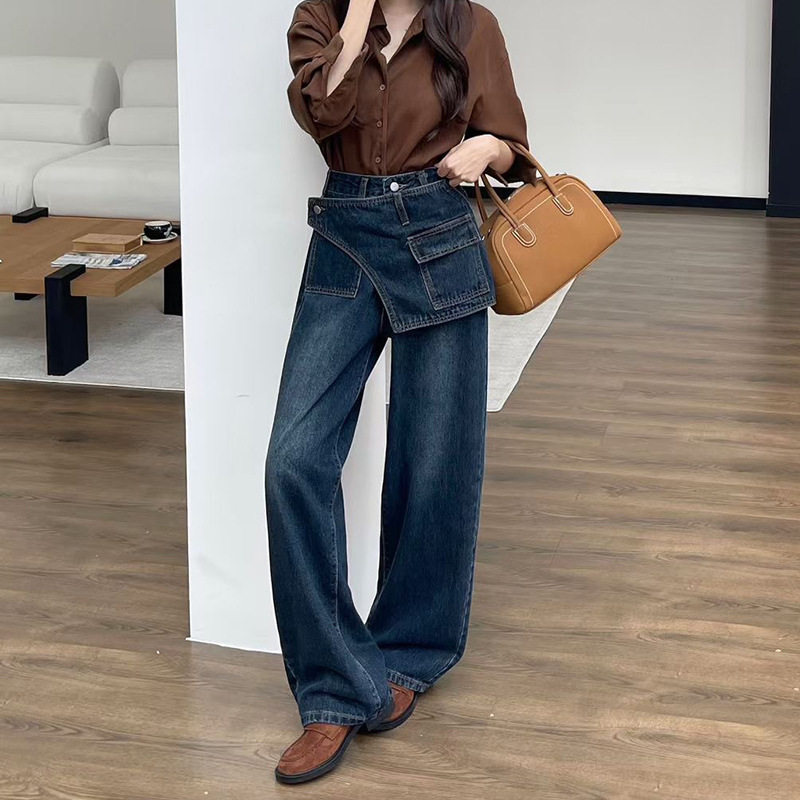 屁帘牛仔裤美式复古阔腿裤女秋季高腰梨型身材大码胖mm显瘦直筒裤