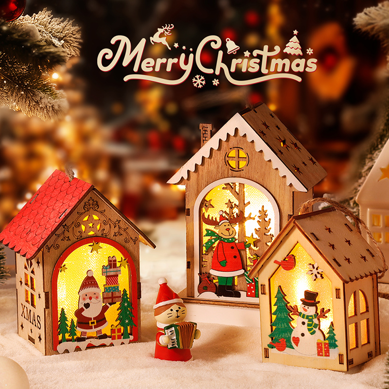 圣诞节装饰品木质圣诞树配饰发光小房子挂件圣诞礼物挂饰桌面摆件