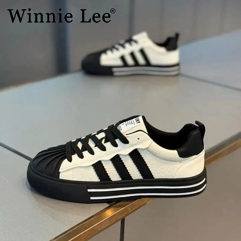 Winnie Lee贝壳头三道杠板鞋男2025春夏新款舒适软底百搭高端轻奢