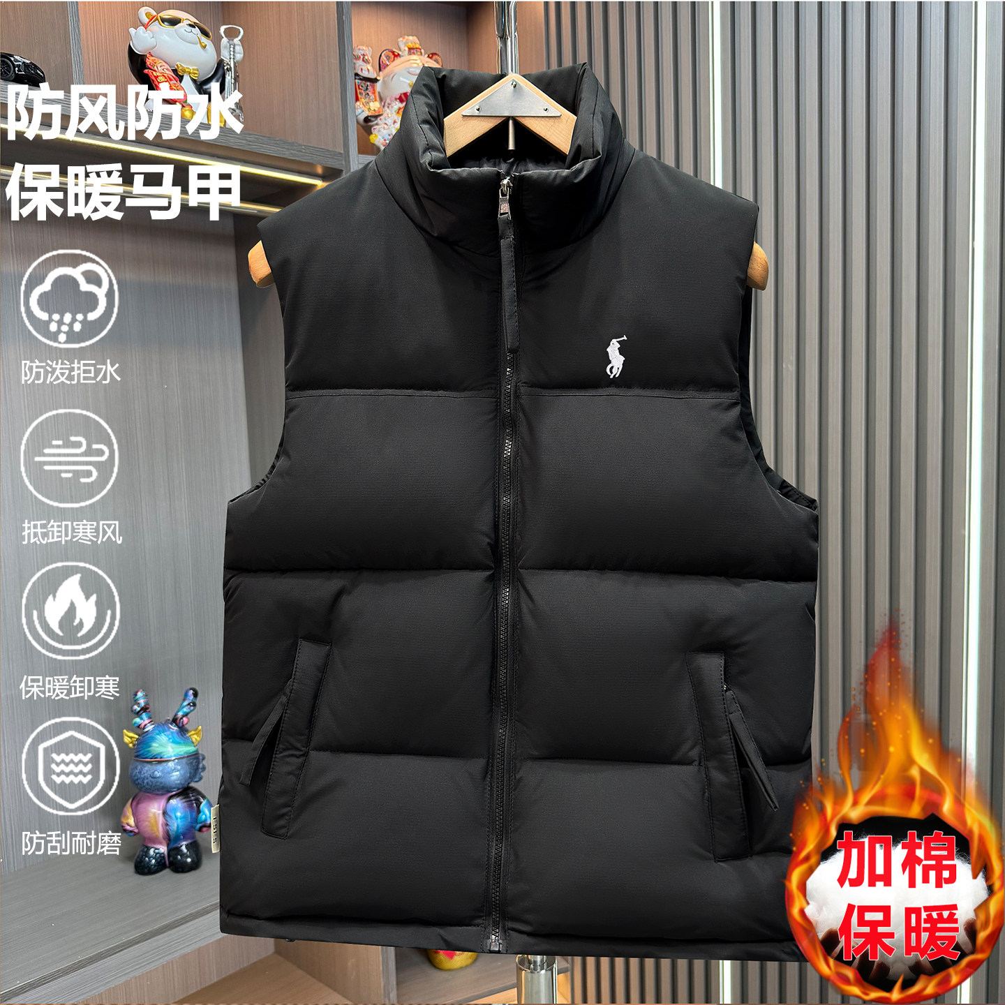 秋冬季新款羽绒棉男士马甲立领刺绣保暖棉服休闲背心坎肩加厚外套