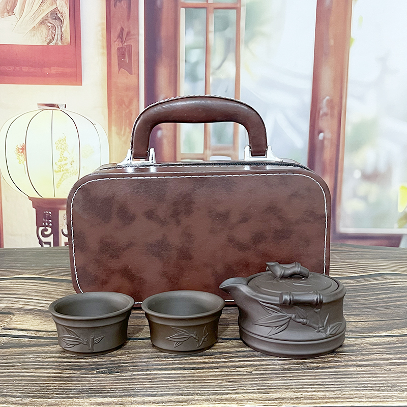 宜兴紫砂壶快客杯一壶两二杯 陶瓷泡茶壶功夫旅行茶具套装便携包