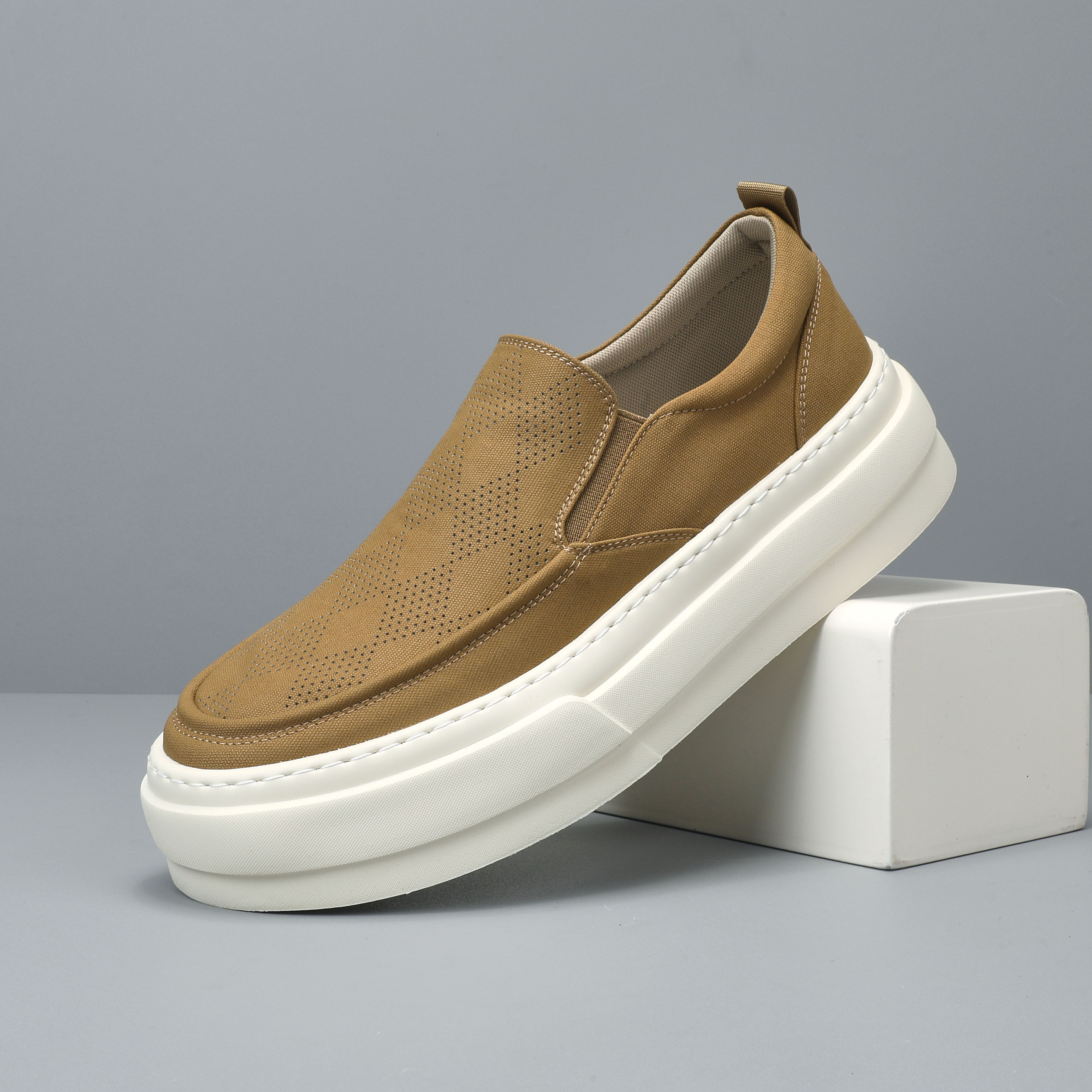 夏季布面透气一脚蹬男鞋厚底增高百搭休闲鞋男懒人免系带乐福鞋潮