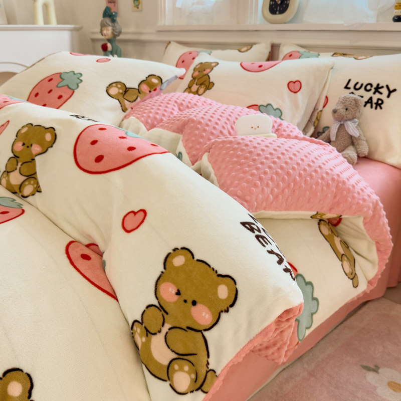 加绒加厚牛奶豆豆绒被套单件双面绒冬天法兰绒珊瑚绒被罩床单单人