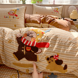 水洗棉毛巾绣被套单件单人被罩150X200儿童宿舍非全棉纯棉被单1.5