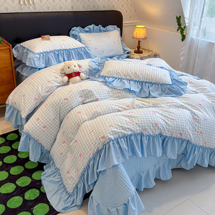 法式水洗棉花边床盖四件套非全棉纯棉床单被套公主风碎花床上用品