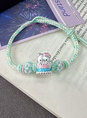 足银999烤漆HelloKitty凯蒂猫手链纯银编织手绳银饰女友闺蜜礼物
