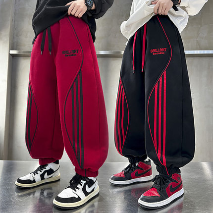 男童加绒裤子2025新年儿童冬季红色加厚运动裤中大童冬装本命年服