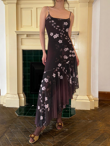 原创樱花印花网纱不规则连衣裙