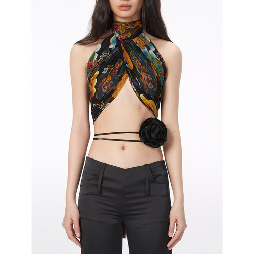 SHIJIRRR 25SS复古喷绘花纹交叉绑带上衣