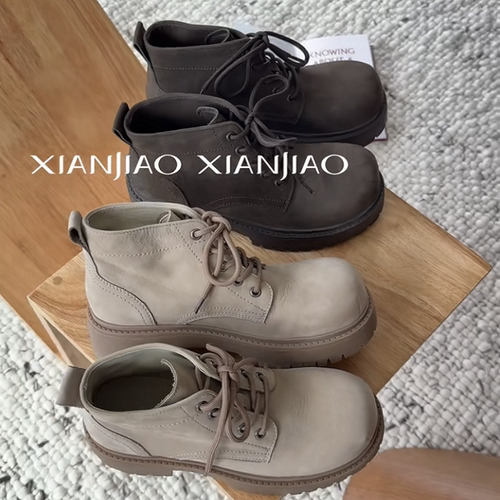 贝她仙脚XIANJIAO冬季新款女鞋牛皮靴粗跟马丁靴户外靴系带厚底潮