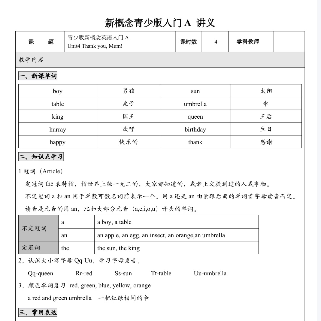 新概念英语青少版入门ab1a知识讲义和习题