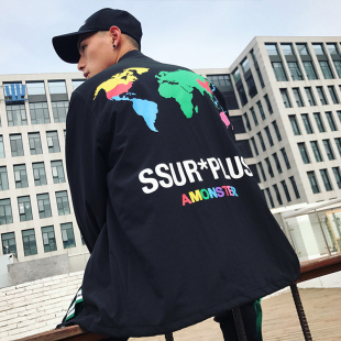 彼岸潮社AMONSTER联名SSUR潮牌地图夹棉教练夹克男女情侣棉服外套