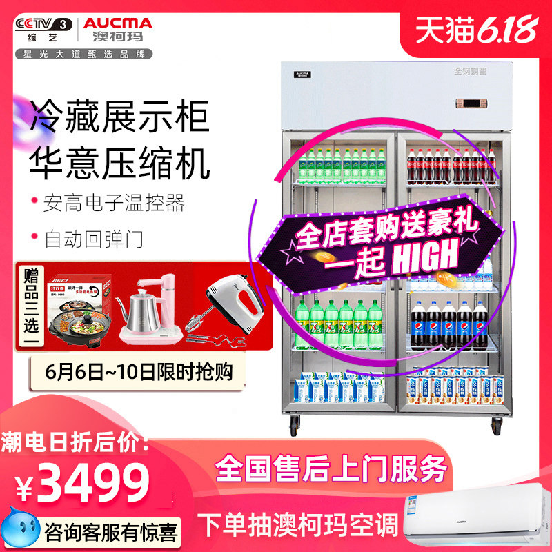 澳柯玛商用全冷藏保鲜展示柜冰箱立式饮料厨房全铜管双门玻璃冰柜