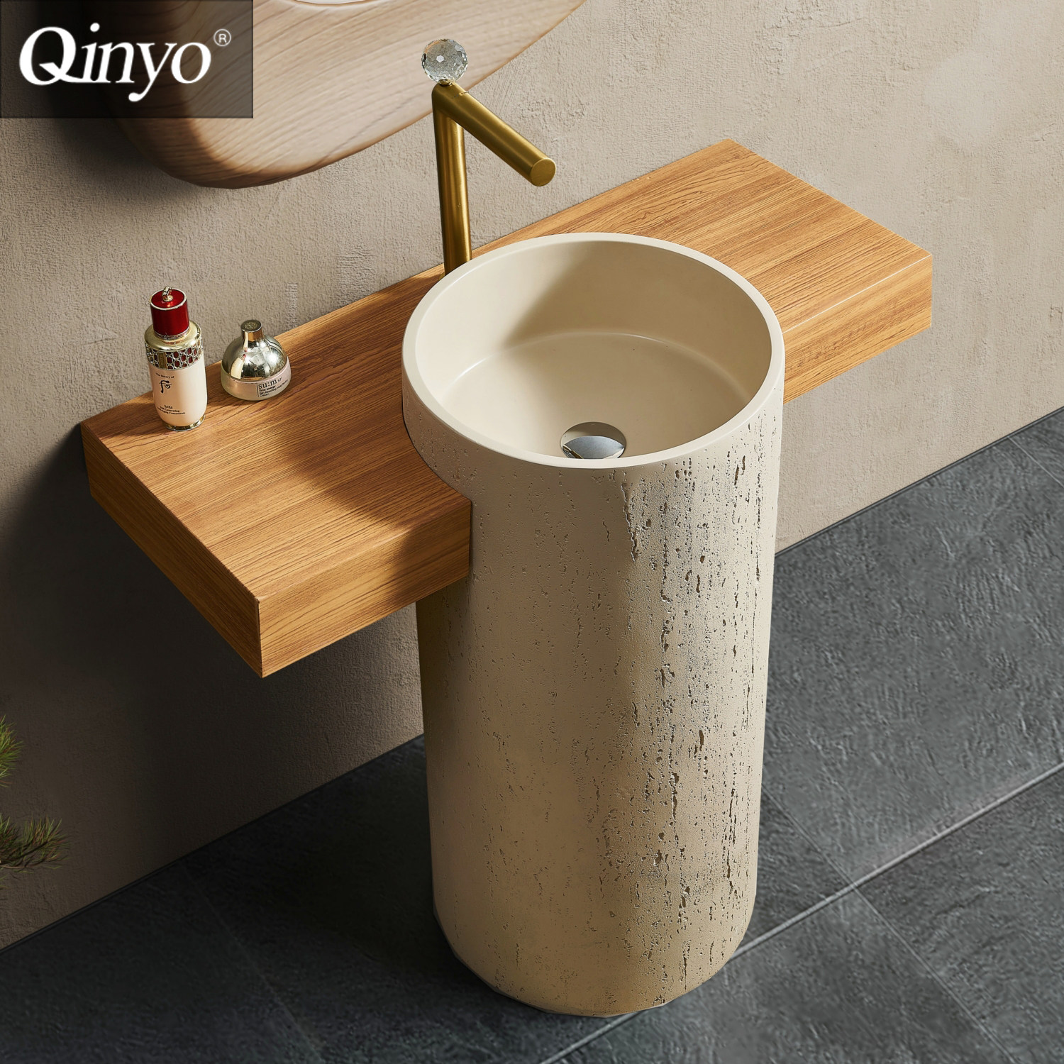 秦俑中古风黄洞石圆形落地立柱盆洗脸洗手盆浴室柜酒店民宿艺术盆,家装主材,浴室柜组合,淘宝优惠券,粉丝福利购,淘宝优惠卷