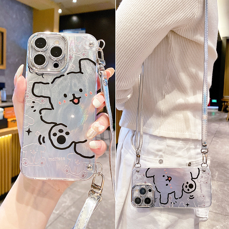适用苹果15手机壳线条小狗可爱女款iPhone16全包防摔14plus硅胶卡通xs硬壳13promax带镜头膜12斜挎挂绳17可背