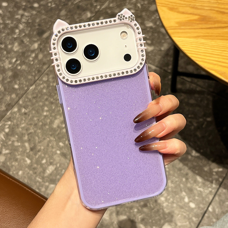 适用苹果17promax猫耳镶钻闪粉手机壳iPhone16可爱带钻15简约高级感14plus轻奢时尚12彩色系13新款不包摄像头