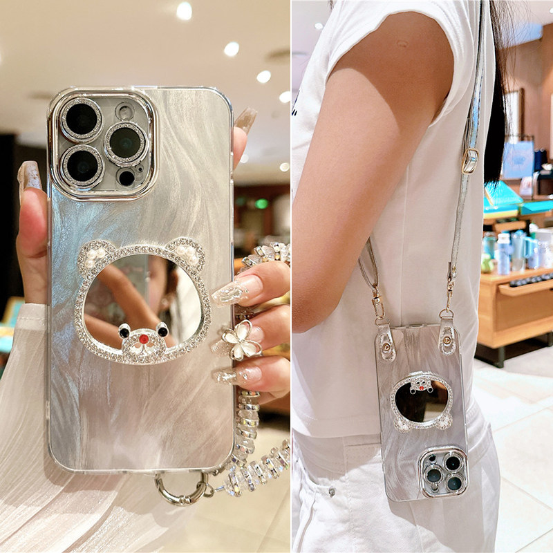 适用honor/荣耀x70i手机壳可爱小熊补妆镜子x60pro自带镜头膜x50GT全包防摔x40女生高颜值x30斜挎可背带挂绳