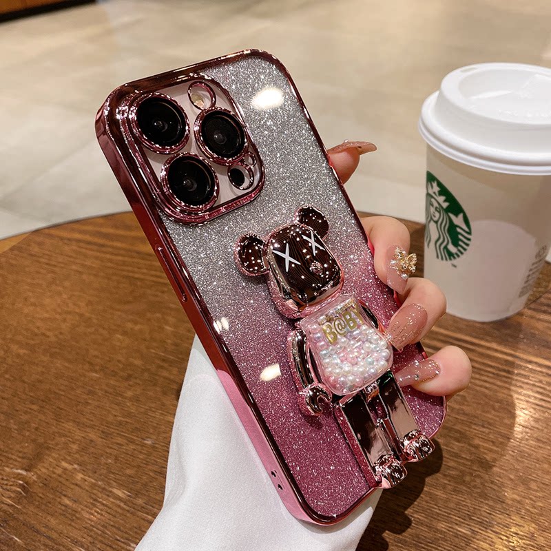 适用苹果15手机壳新款闪粉渐变色iPhone13自带镜头膜14plus潮牌暴力熊支架12pro全包11max防摔xr硅胶17软壳16