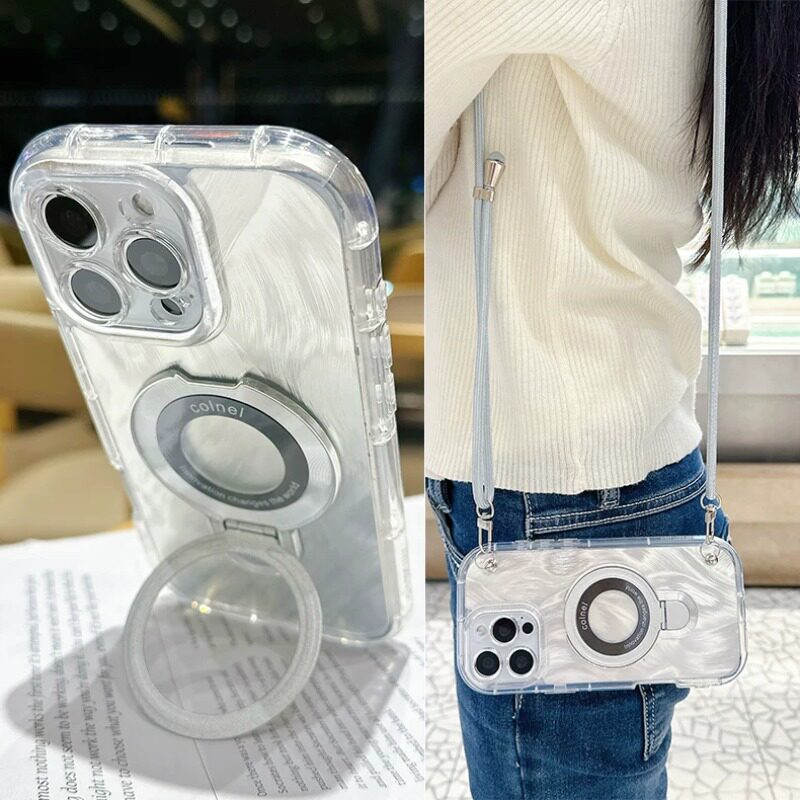 泡芙羽纱磁吸支架手机壳适用于opporeno15pro透明防摔软边全包reno14/reno13/reno12/reno11斜挎可背带长挂绳