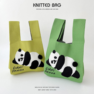 熊猫袋子针织包包手提包外出手提袋编织包女拎包布袋伴手礼手腕包