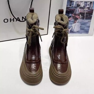 明星真皮雪地靴女2024冬新款 马丁靴女小个子短靴 厚底加绒加厚棉鞋