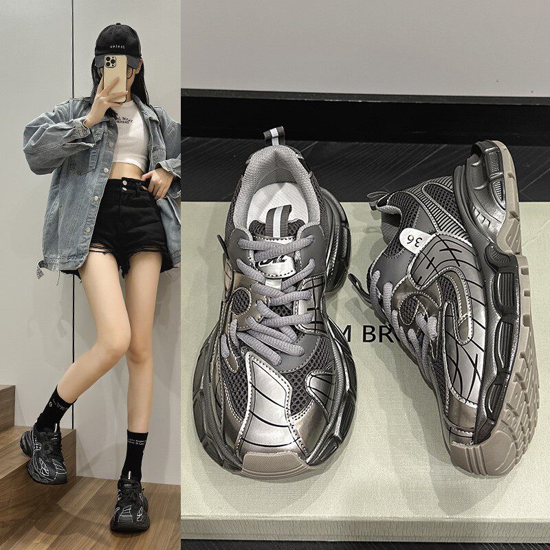 明星厚底鞋女2025早春新款松糕底老爹鞋系带真皮百搭休闲运动鞋潮