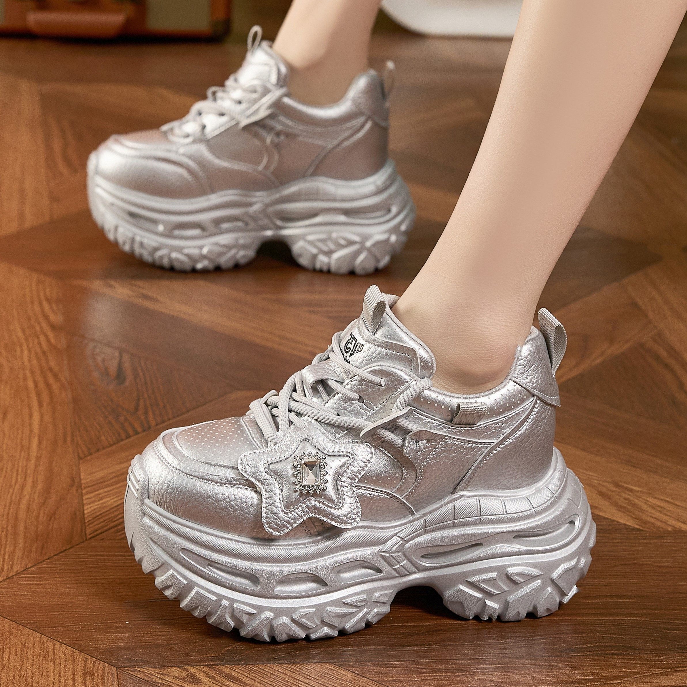 欧货厚底内增高银色老爹鞋女真皮2026春季小个子超高跟休闲运动鞋,女鞋,老爹鞋,淘宝优惠券,粉丝福利购,淘宝优惠卷