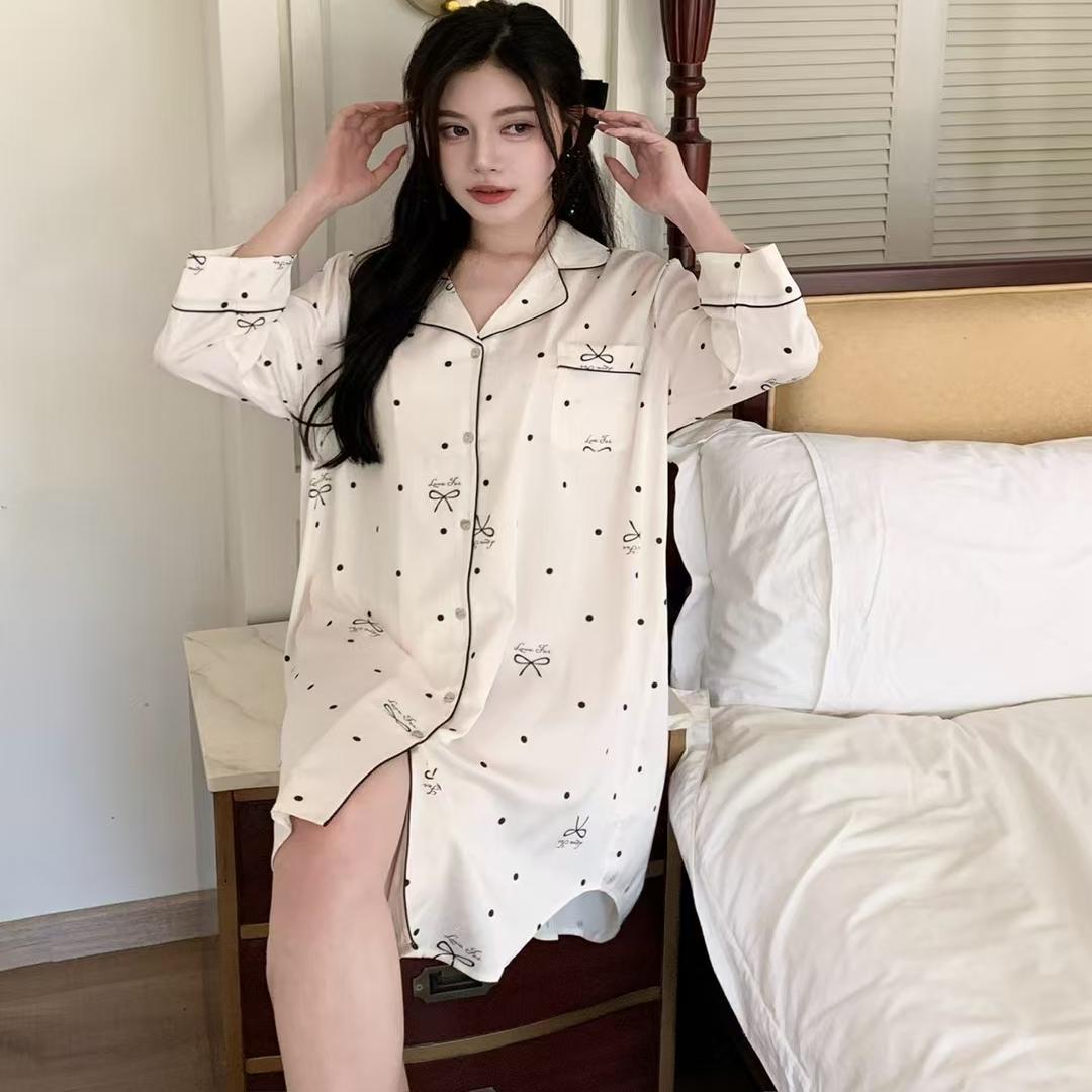 休闲风男友衬衫式睡衣小香风冰丝女睡裙薄款专柜简约纯色家居服
