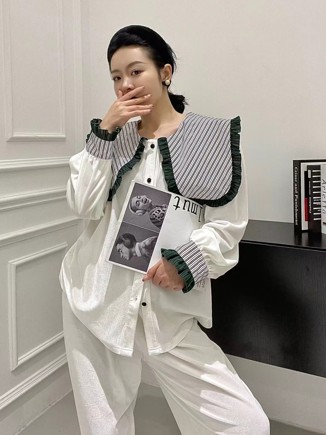 2024新品闪光金丝绒大方领减龄闺密睡衣开衫纯色二件套长袖家居服