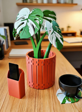 龟背竹杯垫创意餐桌摆件仿真绿植植物盆栽磁吸隔热垫树叶子防烫垫