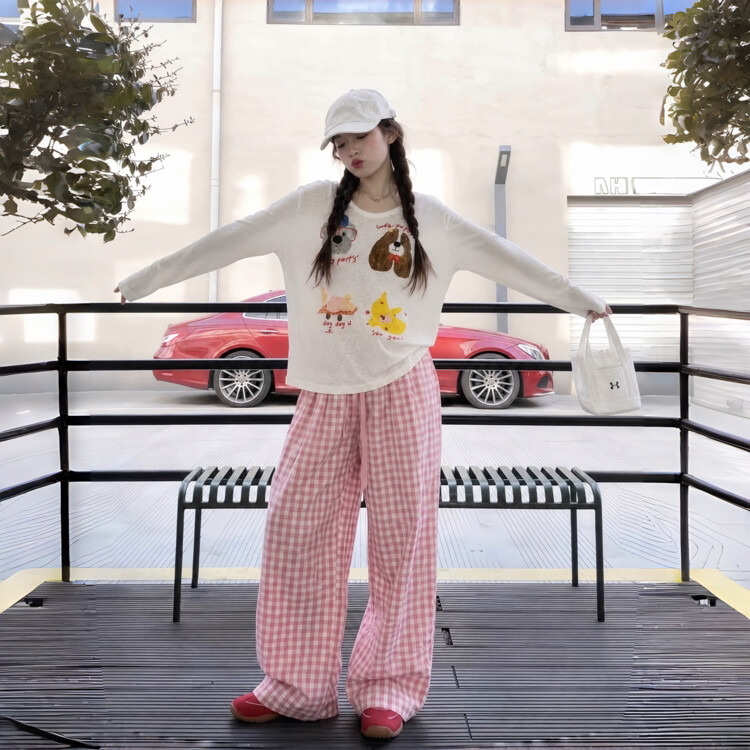 撞色格子裤夏季多巴胺泡泡格2026新款高腰裤抽绳女宽松休闲阔腿裤