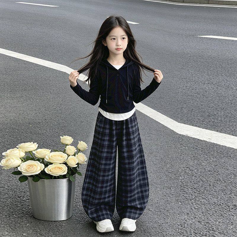 女童秋套装2026新款大童女孩洋气针织帽衫儿童韩系秋装格纹阔腿裤