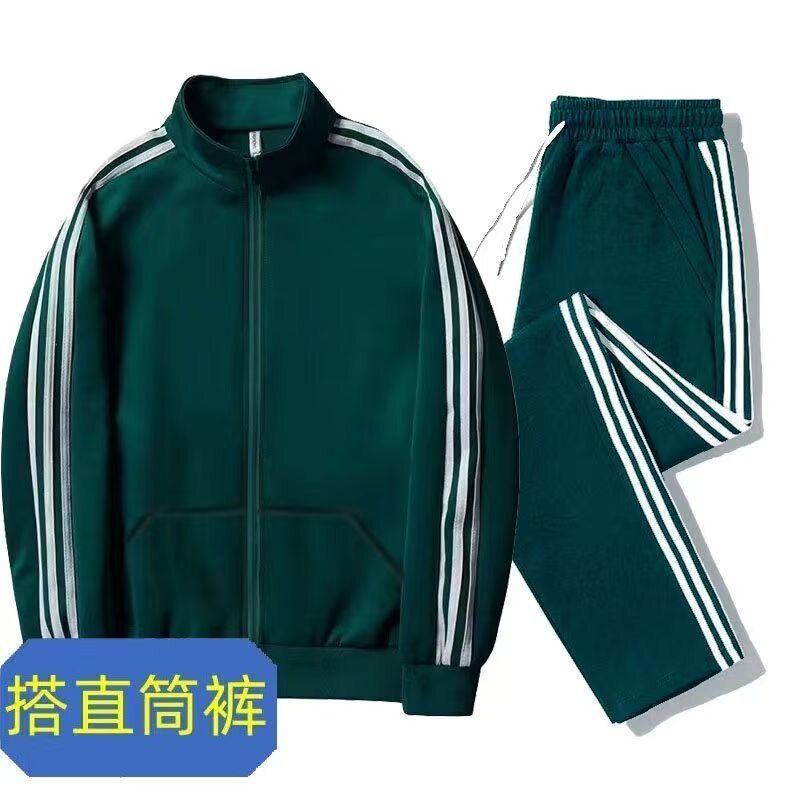 春秋潮牌条纹运动服套装男女同款休闲跑步健身三道杆外套两件装男
