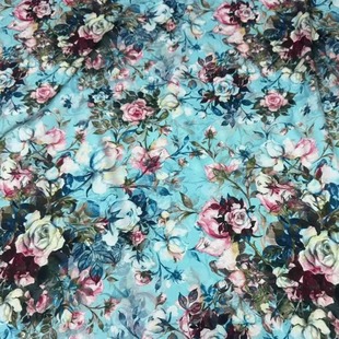蓝色底玫瑰花印花桑蚕丝布料19姆米真丝弹力绸缎衬衫连体裙面料夏