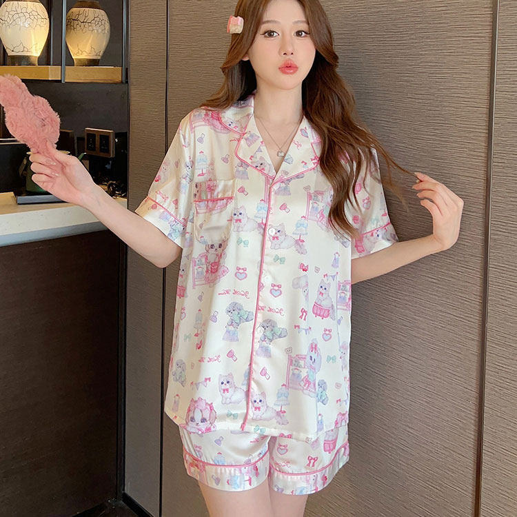 小红书真丝睡衣女春夏季短袖短裤冰丝绸卡通可外穿家居服两件套装