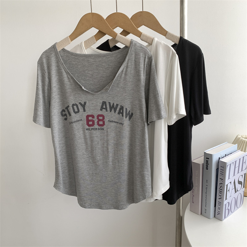 美式V领莫代尔数字印花短袖T恤女小个子纯欲风辣妹现代舞练功服女