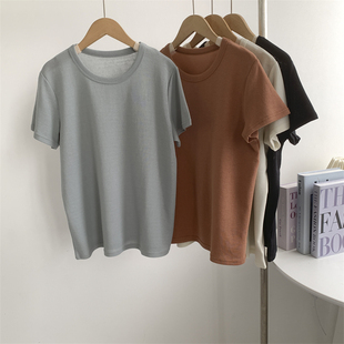 网纱短袖T恤女铁锈红百搭纯色休闲显瘦基础款短款圆领上衣舞蹈服