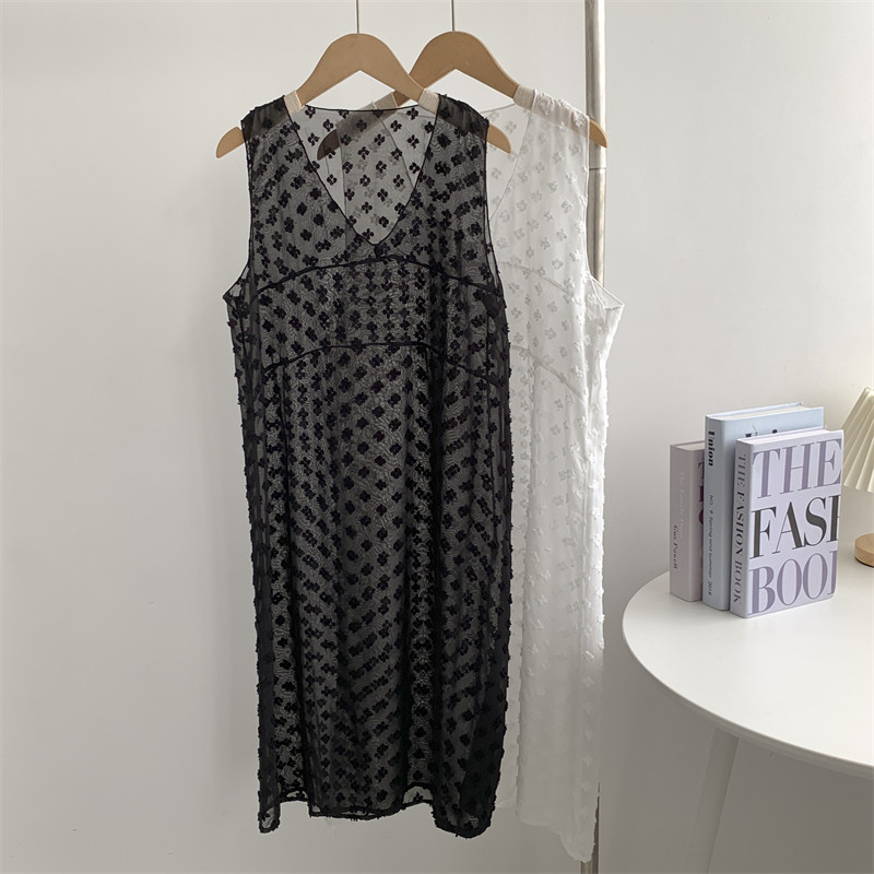 韩版立体勾花无袖背心裙女外搭透视叠穿蕾丝波点碎花中长款连衣裙