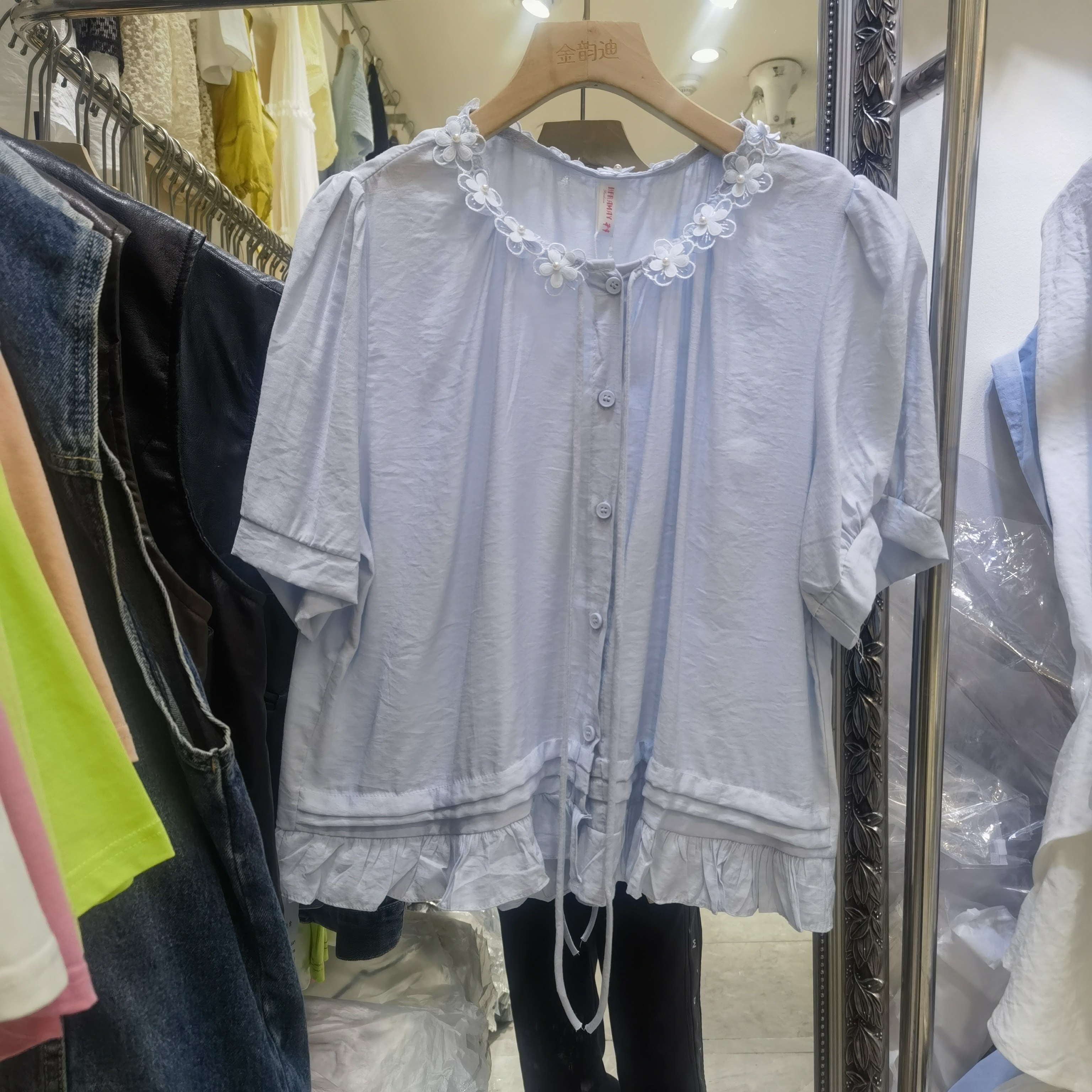 宽松雪纺衫女短袖2026夏季新款韩版百搭显瘦订珍珠花圆领休闲上衣