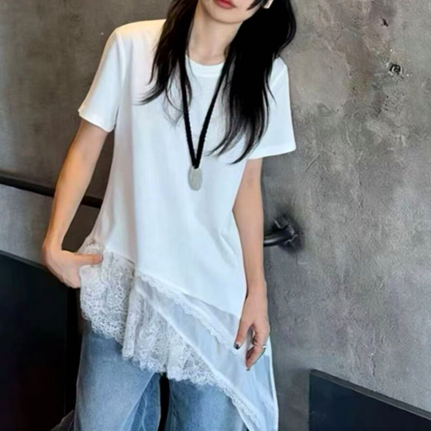 2026夏季新款韩版百搭显瘦蕾丝拼接雪纺短袖T恤女套头不规则上衣