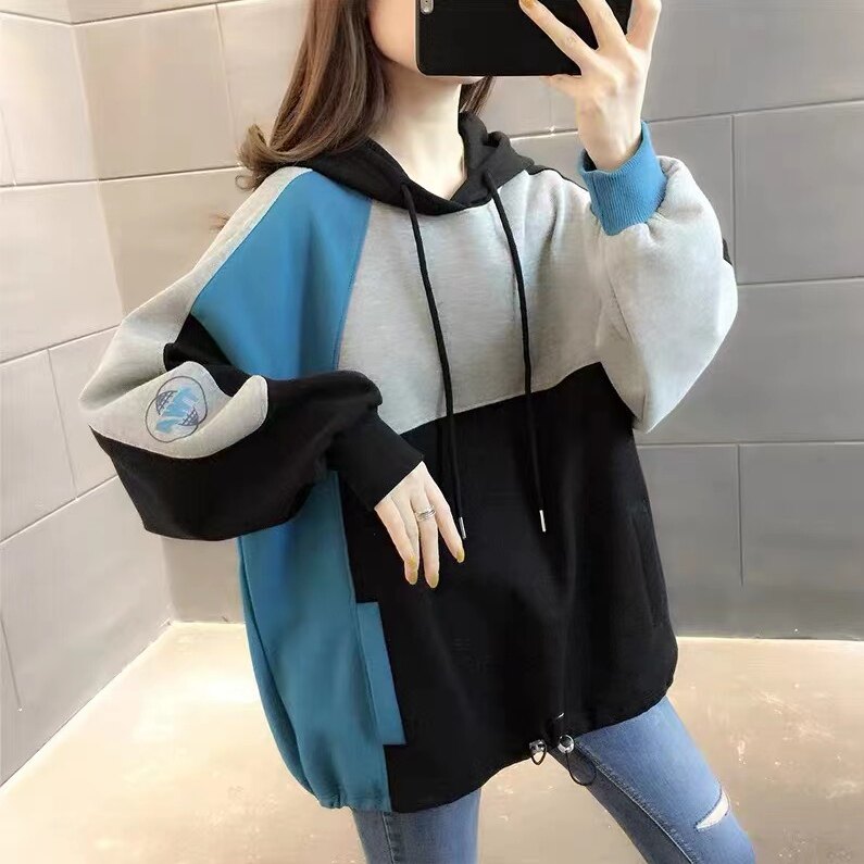 拼色连帽卫衣女春秋季宽松版慵懒风中长款拼接撞色套头休闲上衣服