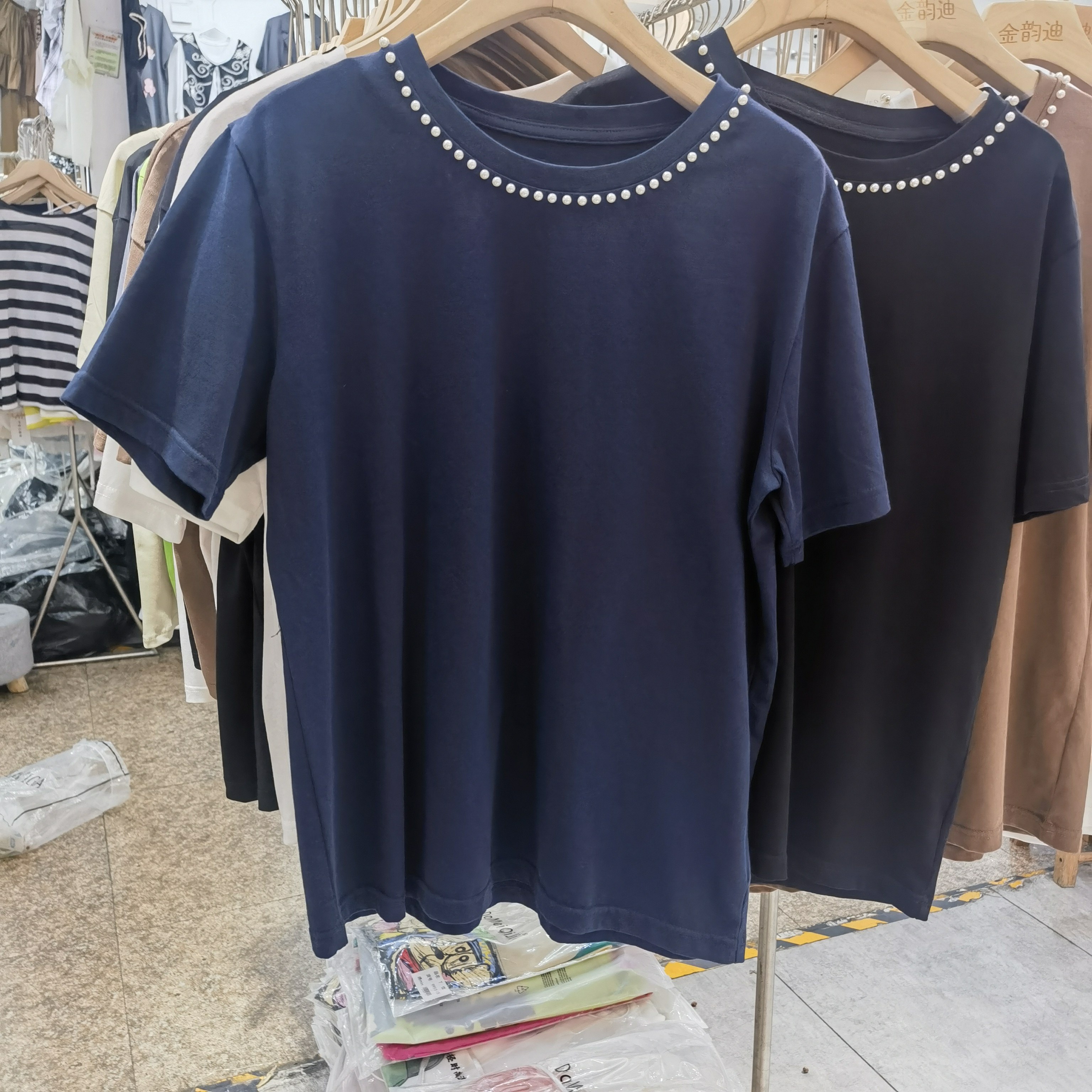 夏季新款2026洋气圆领宽松显瘦女短袖珍珠领t恤纯色上衣女体恤衫