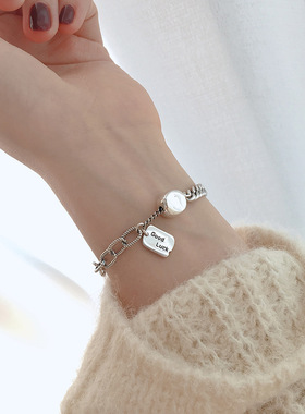 S925纯银luck方牌手链复古百搭