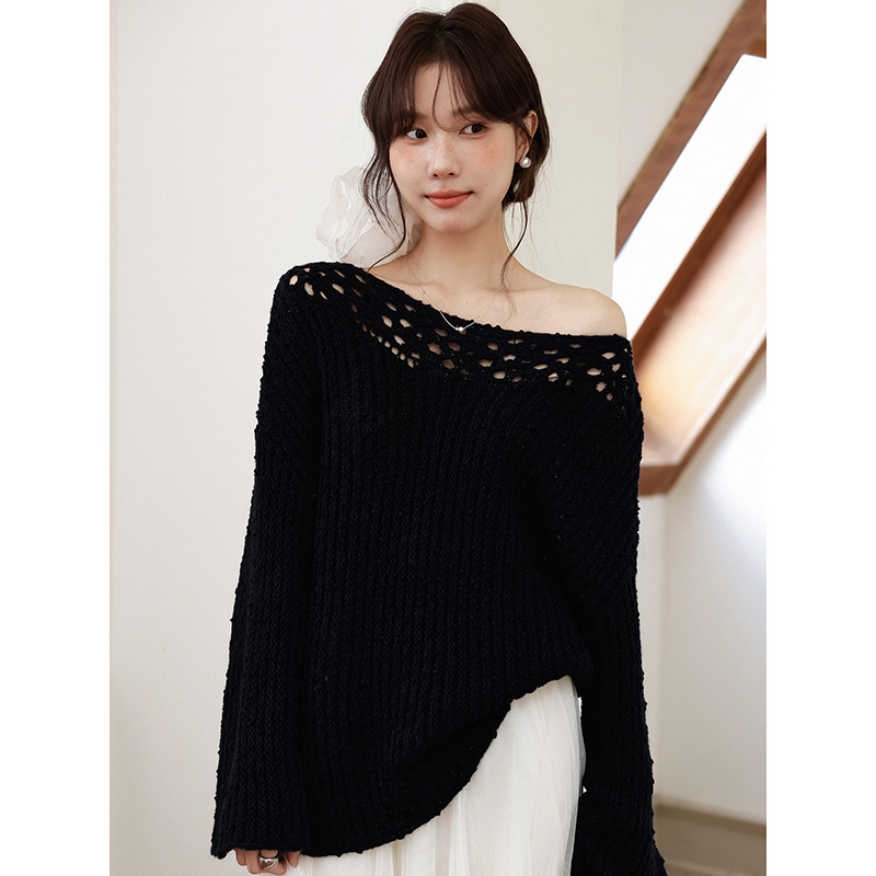 【雪绘香懈】歌铭法式复古镂空毛针织衫秋季新款一字肩上衣N587C