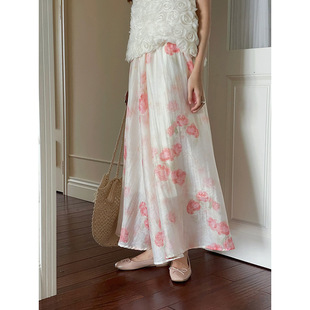 新款 歌铭复古印花半身裙夏季 度假风A字中长裙N241C 热恋花海裙