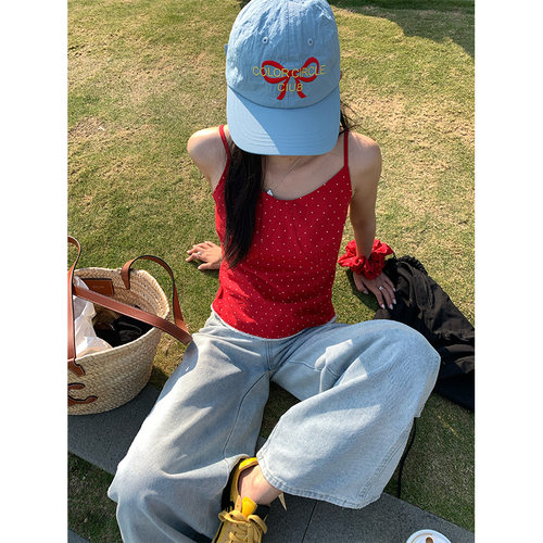 黄峥配发箍蕾丝下摆拼接白波点吊带女2025夏款甜美俏皮背心520288